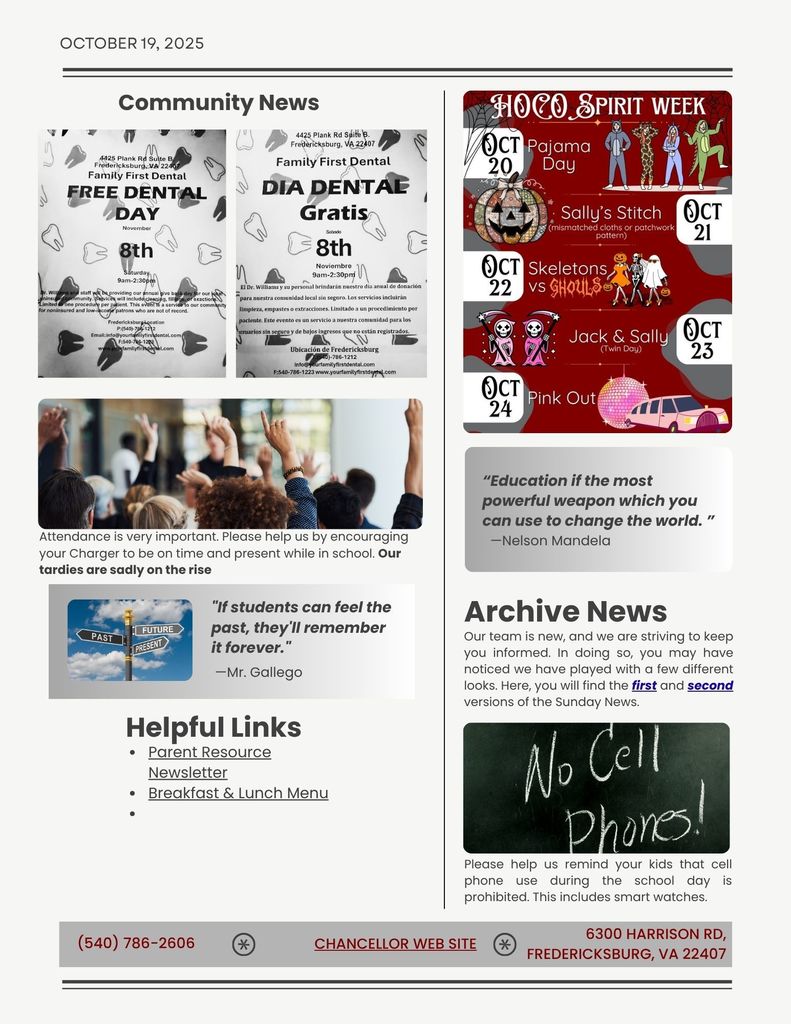 community Dental event flyer, HOCO Spirit Week Flyer, no cell phone use during school, and helpful links