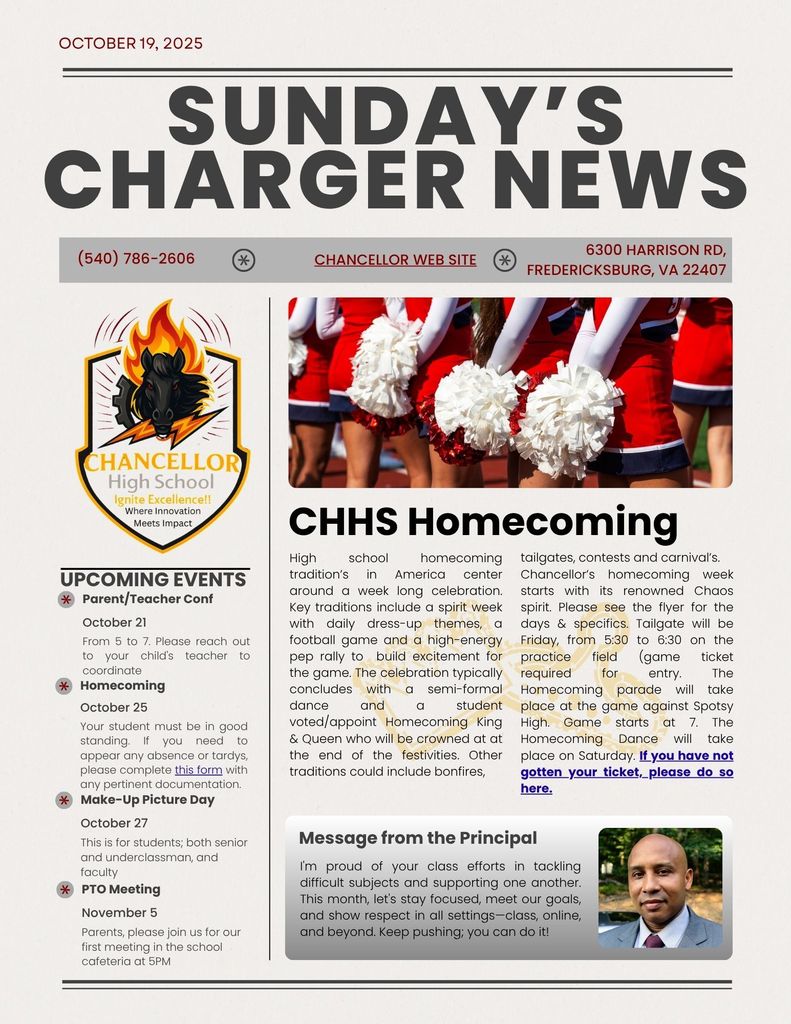 Sundays Charger News with Principal message, upcoming dates and HOCO update all outlines in the body of the news post