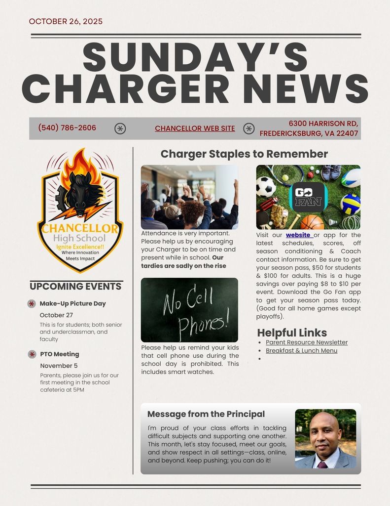 Sunday news about no cell phones during the day, picture make up on the 27th, attendance being important, and encouragement to visit the athletic website.