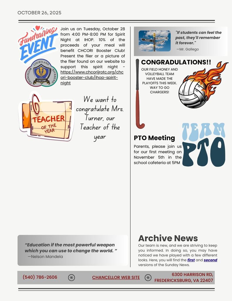 Sunday news about Liz Turner being teacher of the year, field hockey and volleyball making playoffs, and a ROTC fundraising event at IHOP