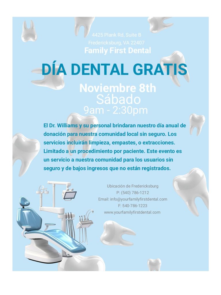 Folleto en español para el Día de Atención Dental Gratuita 11/8/25 en Your Family First Dental