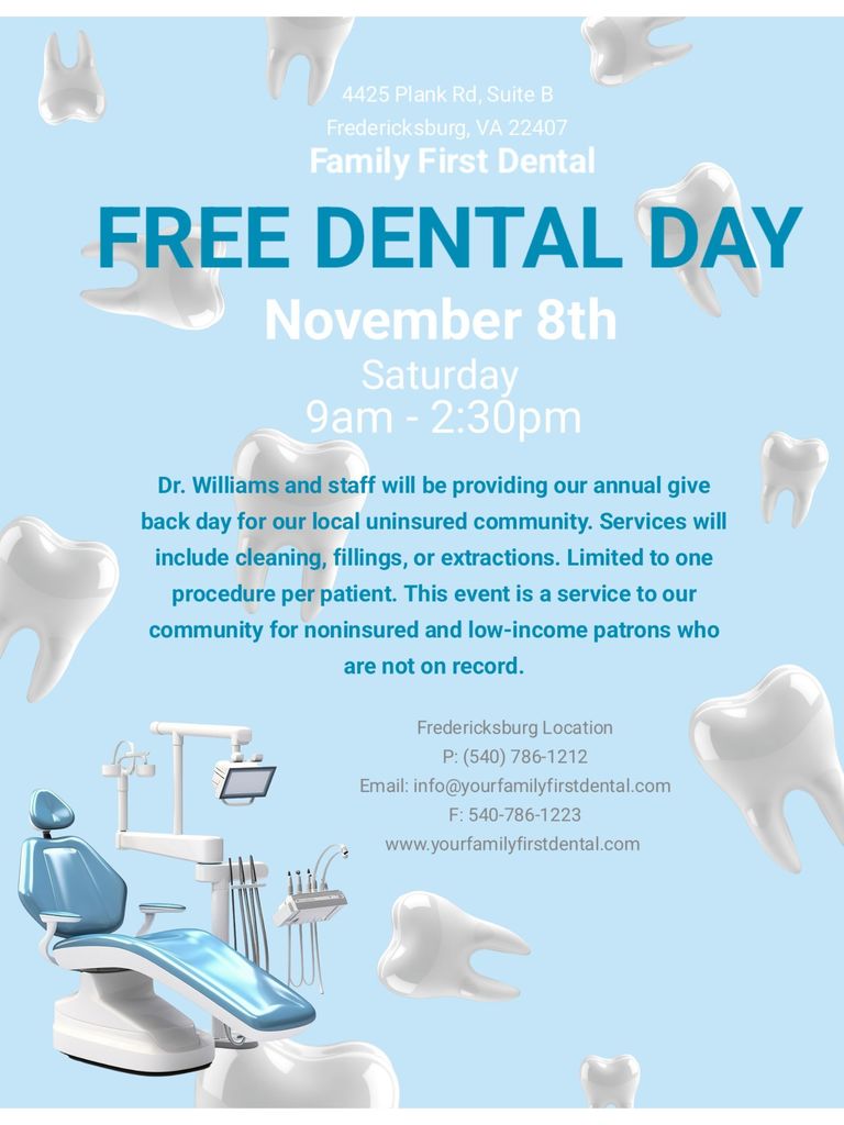 Free Dental Day 11/8/25 at Your Family First Dental