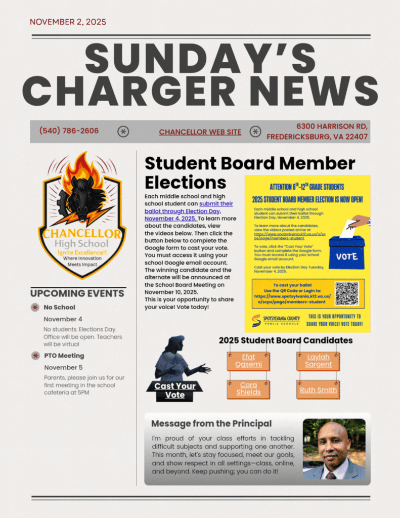 Principal newsletter regarding fundraisers, teacher recognition, student board members elections, and standard everyday policy