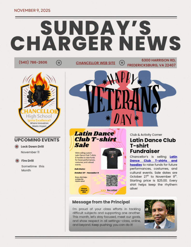 November 9 news, happy veterans day, lock down drill next week, latin dance club fundraiser shirt for sale