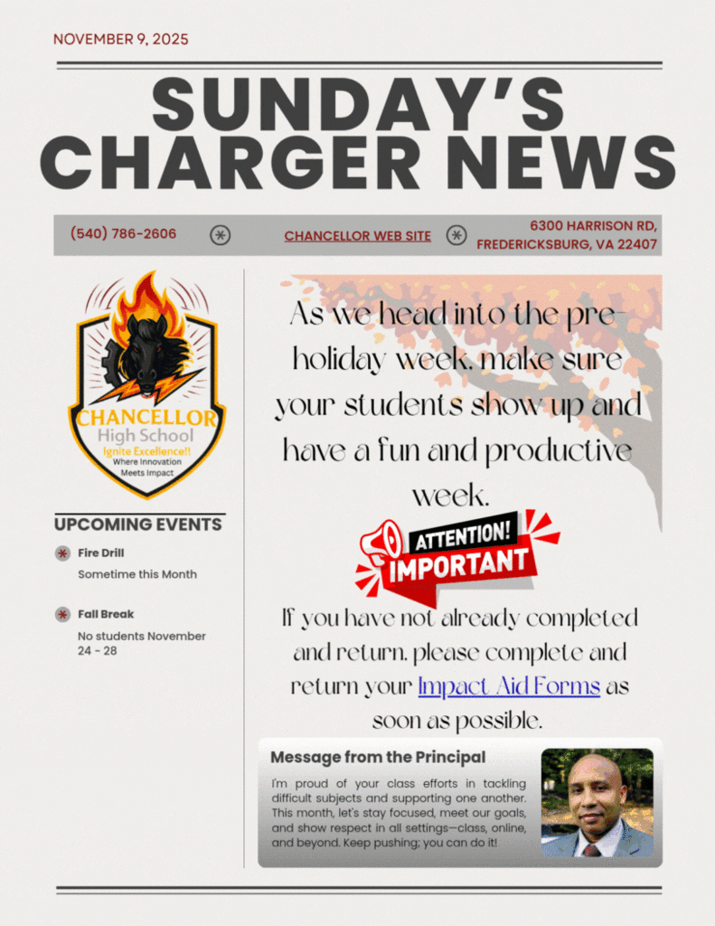 Sunday Communication mentioning Impact Aid Forms, Senior trip, standard policies