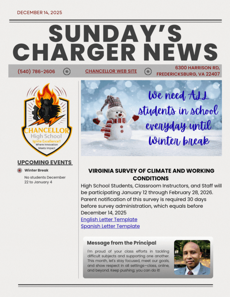 Sunday communication before winter break, attendance is importance, drama recognition, climate survey