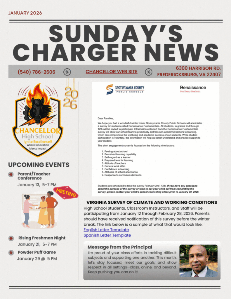 Sunday News, Parent teacher conference 1/13/26 at 5 pm, Powder Puff Game 1/29/26 at 5 PM, VA Climate Survey 1/16/26, Rising Freshman Night  1/21/26 5 pm, Donate to Faculty Fund, no cell phones