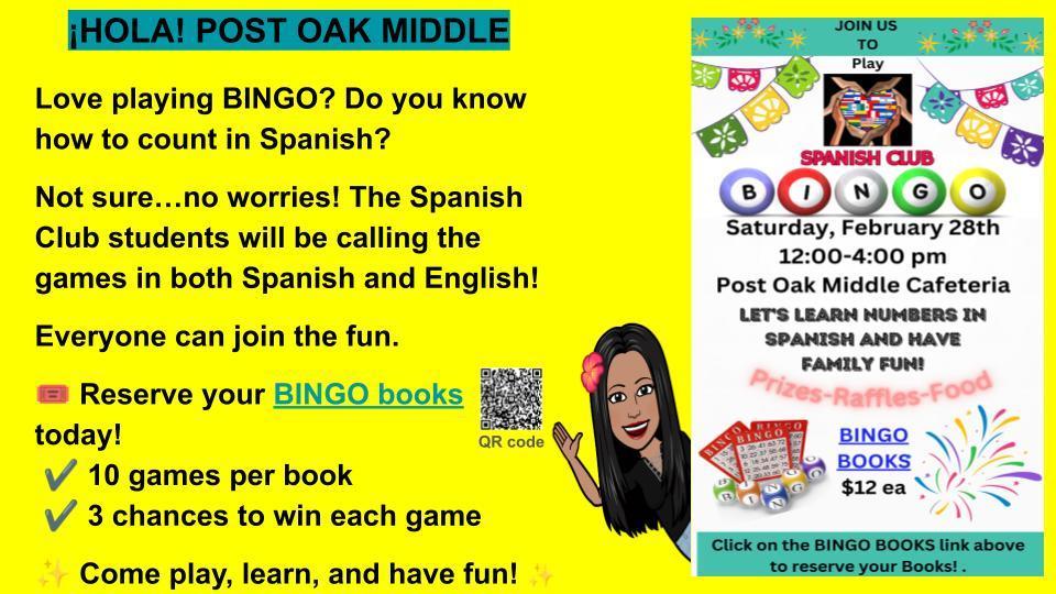 Bright yellow flyer for spanish bingo at post oak middle school saturday february 28th noon to 4pm