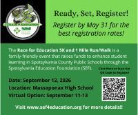 Green poster with text and logo, offering details for the Race for Education 5K and 1 Mile Run/Walk.