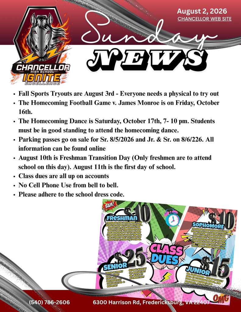 A red and white bulletin with "Chancellor News" at the top, featuring announcements for Ignite Sports Tryouts, Homecoming Football, and Dance.