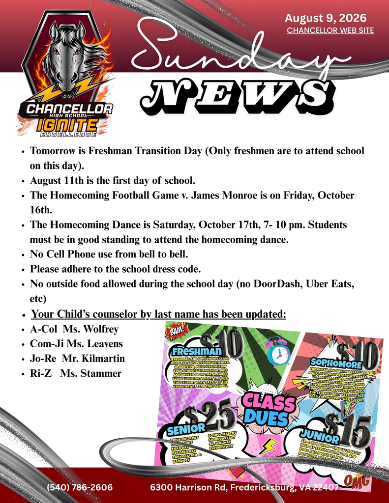 A newsletter titled "Chancellor News" has a red and white background. It includes dates, events, and a list of people.