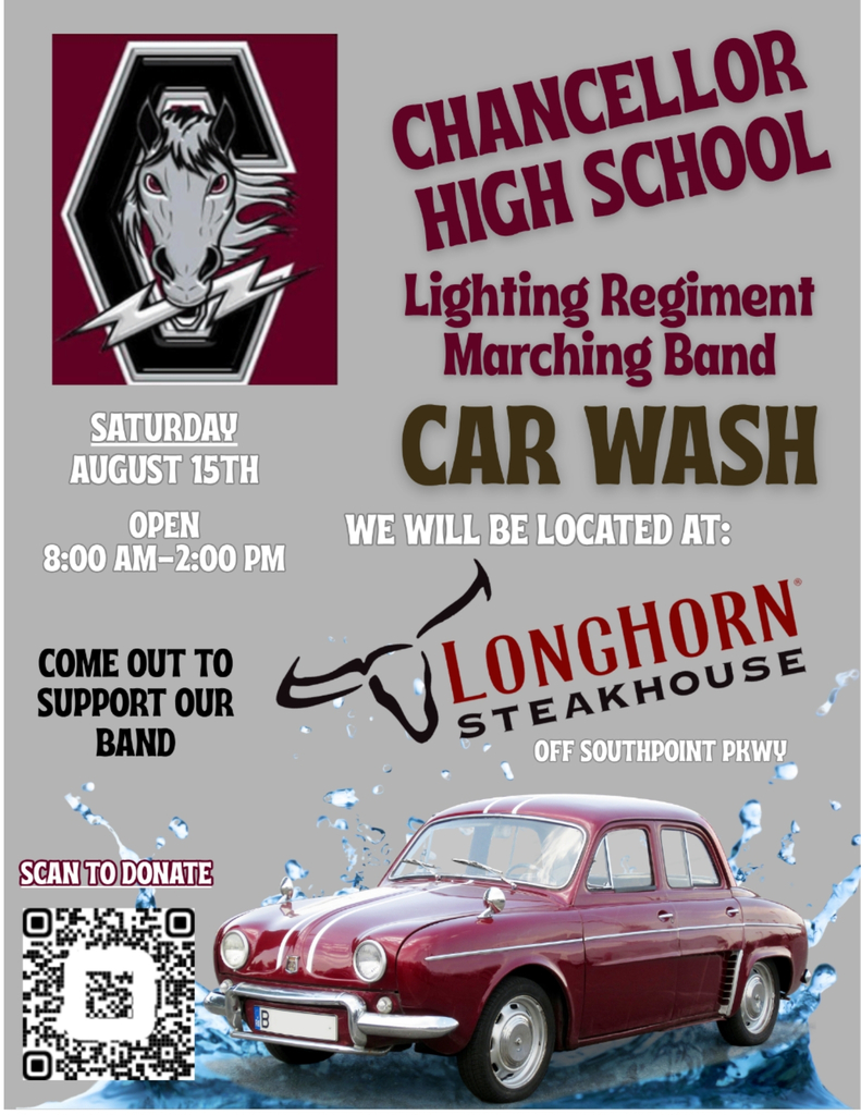 A poster advertises a Chancellor High School Lighting Regiment Marching Band car wash. A red car is washed in water.