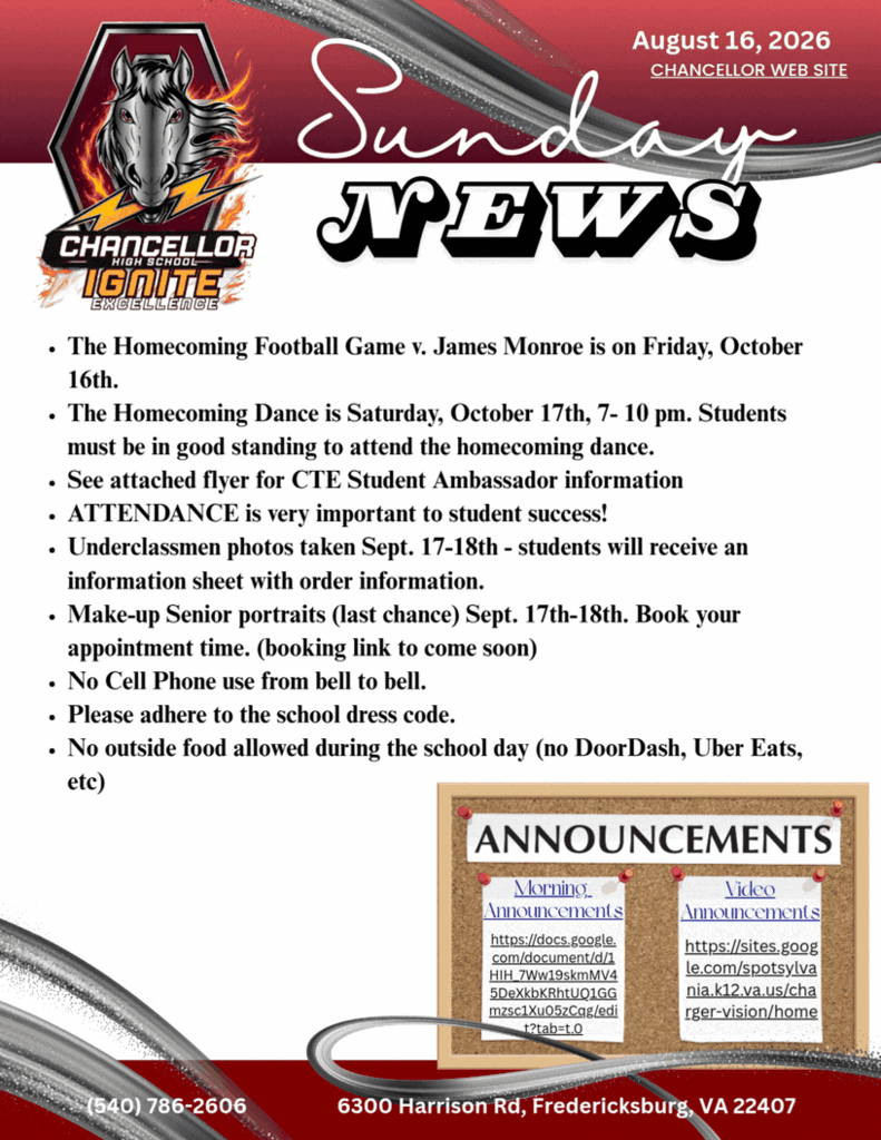 Flyer with a red and white background, bold headings and text. Features the Chancellor Ignite logo. Information about Homecoming events and announcements.