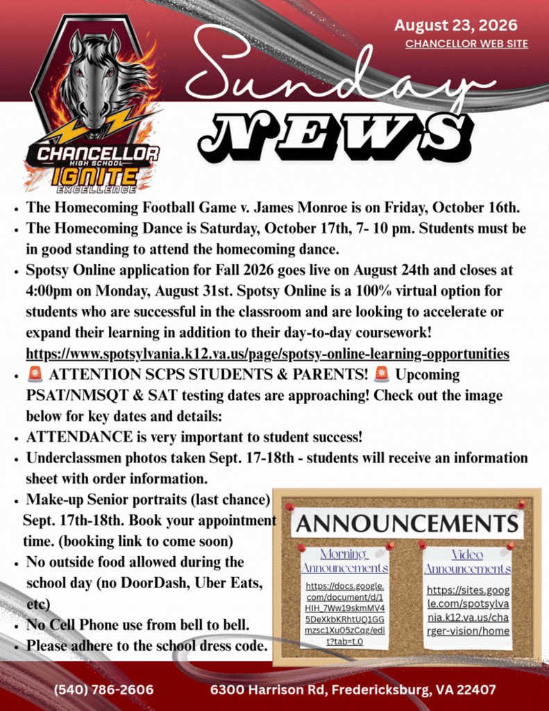 A document displays a date, "August 23, 2026" and headlines "SUNDAY NEWS" and "CHANCELLOR IGNITE". It lists football game, online application for Fall 2026, and PSAT/NMSQT testing dates.