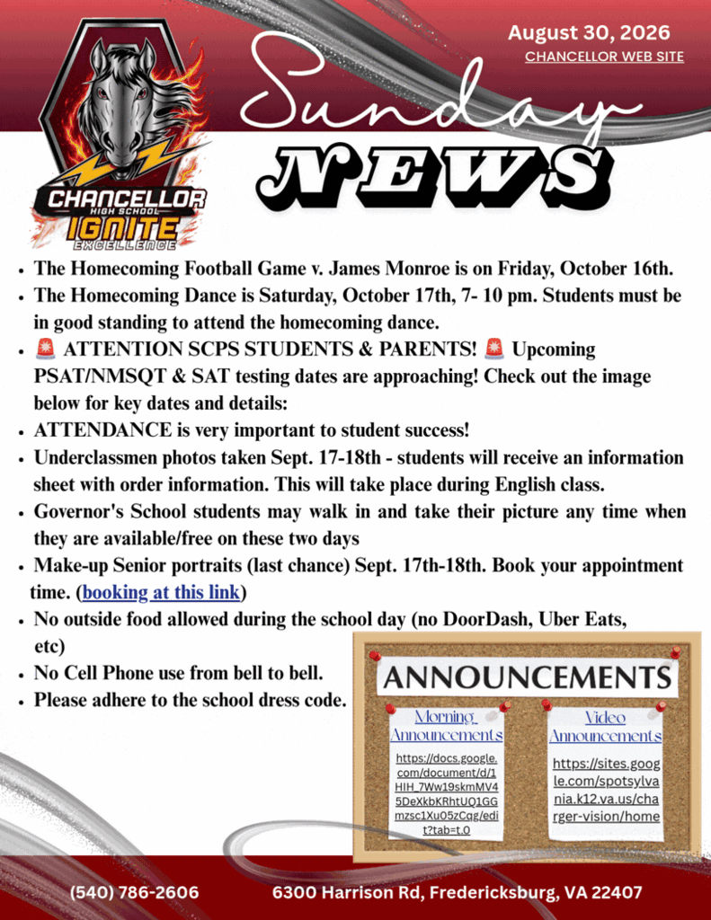 A flyer with red and black colors displays "SUNDAY NEWS" and "ANNOUNCEMENTS". Information includes an upcoming football game, SATS test dates, and senior portraits.