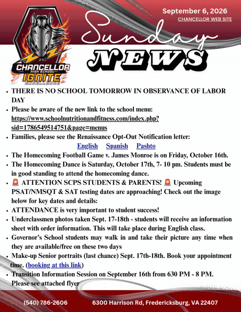 Document with bold red text and black outline. It features a logo, date, and "Chancellor Ignite". Information includes no school, new link to the school menu, and upcoming events.