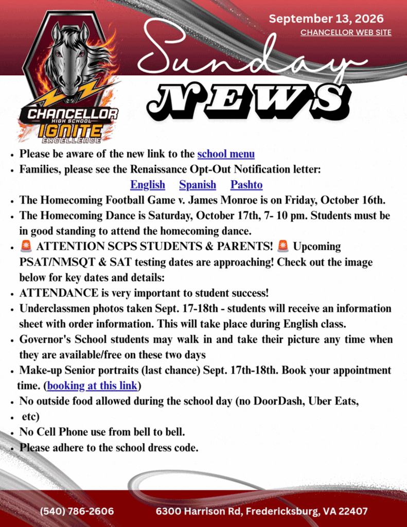 Bright red and white text on a dark background. It reads "SUNDAY NEWS" and lists events like Homecoming Football Game and Senior Portrait bookings.