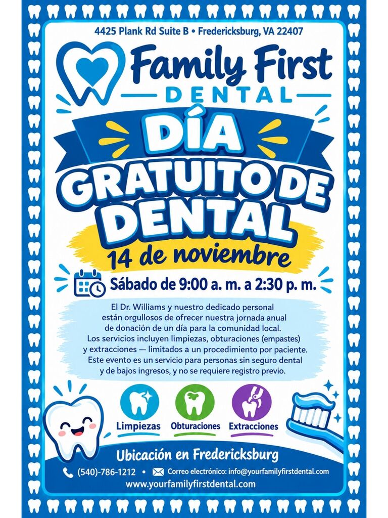 An event flyer for Family First Dental offers free dental care on November 14th. It includes services like cleanings, fillings, extractions, and fillings.