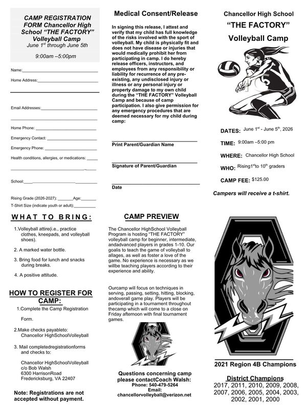 Volleyball camp flyer for june 1st to june 5th
