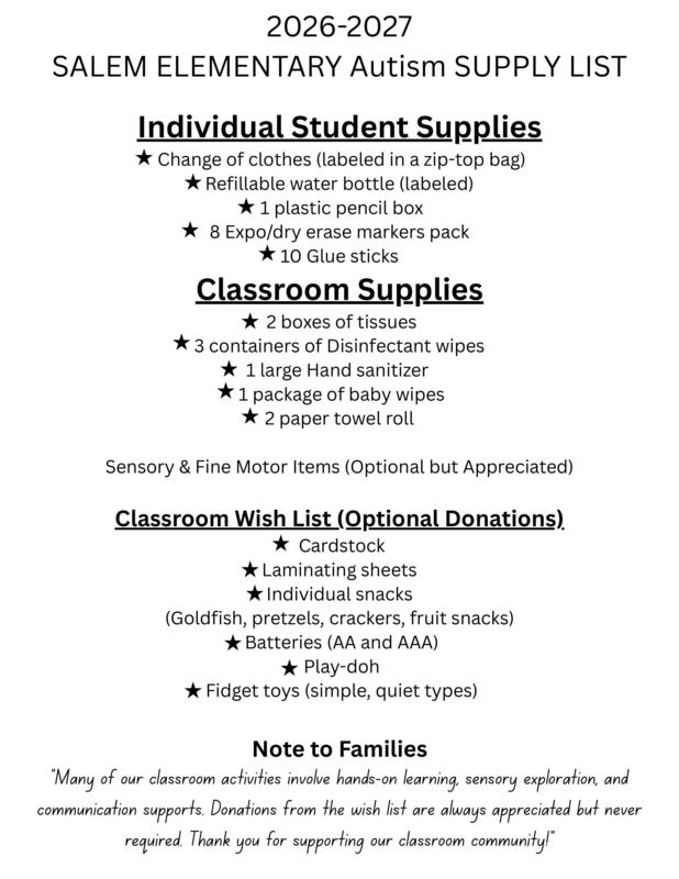 A supply list with various items for the students in the Salem Autism program