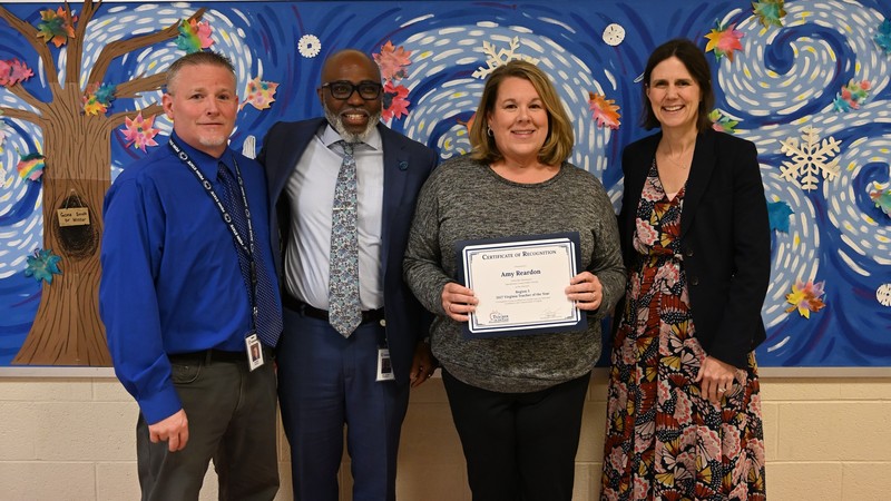 Region III Teacher of the Year Amy Reardon Photo with Principal, State Supt. and SCPS Supt.