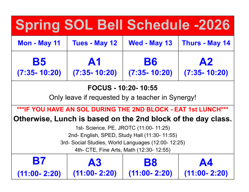 Spring SOL Bell Schedule 2026