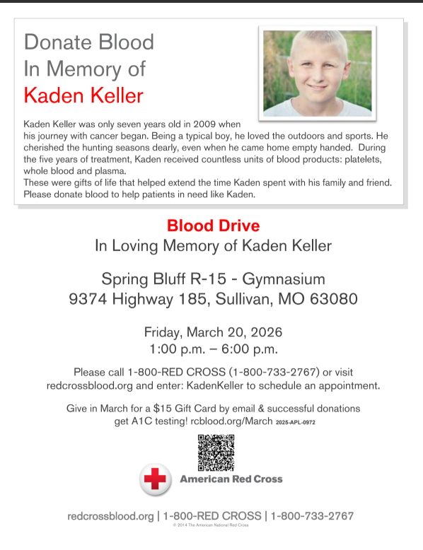 Blood Drive in memory of Kaden Keller Friday March 20th from 1-6pm