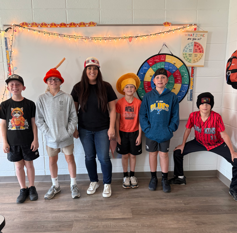 kids and staff  wearing hats for spirit week