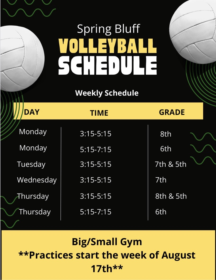 volleyball schedule for 6-8th grade 