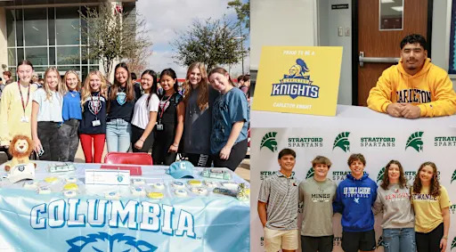 (left) Michelle Li and other students gathered behind a table representing columbia university, (right, top) Josue Giron sitting next to a sign committing to carleton college, (right, bottom) five stratford athletes stand together wearing shirts correlating to their respective college commitments