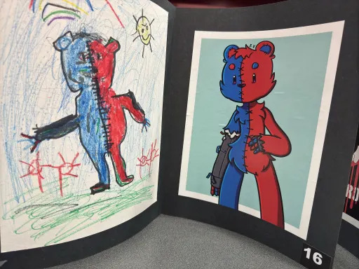 Two depictions of the same character: a teddy bear split vertically between the colors red and blue with a prosthetic arm. One of the drawings is done by a second grader and is roughly drawn in crayon. The other depiction is a clean digital art take of the character done by a high school student.