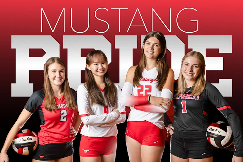 Memorial High School women's volleyball team posign in front of text reading "Mustang Pride"