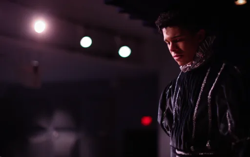 actor in Shakespearian attire with stylized lighting 