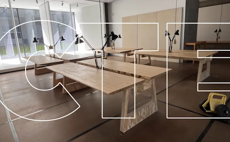 naturally lit room with tables lined up in rows. in front, text reads "C.T.E"