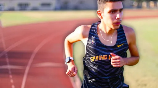 Frank Miranda in Spring Woods High School track uniform, running on a track