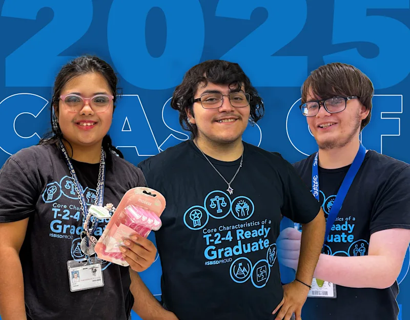Tyler Hayes, Amal Akbar, and Alexis Torres standing in front of background reading "Class of 2025"