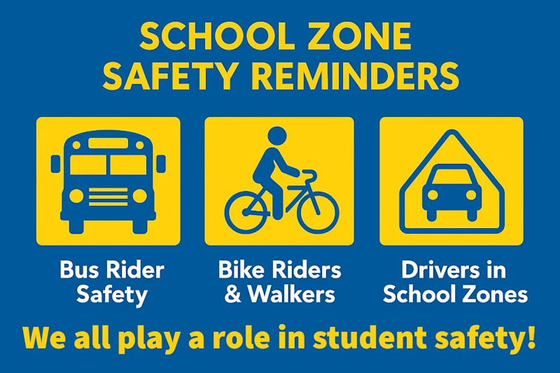 School Zone Safety Reminders: Bus Rider Safety, Bike riders & Walkers, Drivers in School Zones. We all play a role in student safety!