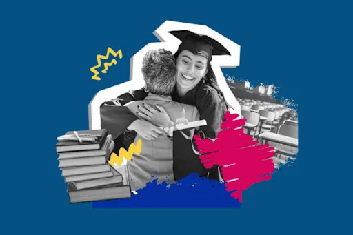 A graduate hugging a teacher