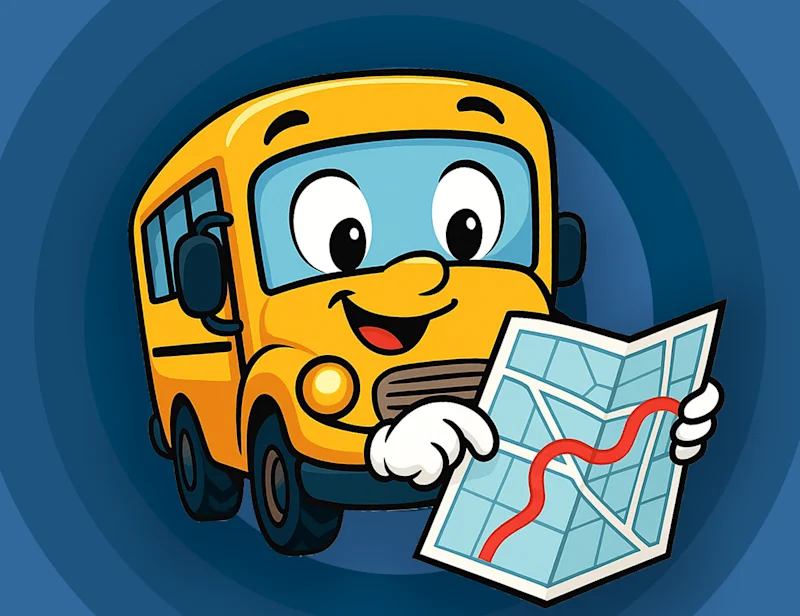 anthropomorphized bus holding a map