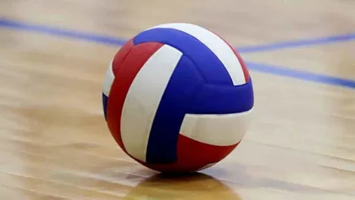 Volleyball resting on court