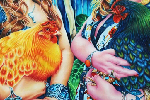 drawing of two girls holding chickens