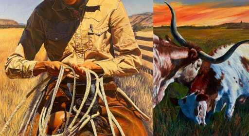 two pieces of art, one of them depicting the torso of a cowboy on their horse, holding their rope. the second piece depicts a longhorn bull leaning into a smaller cow