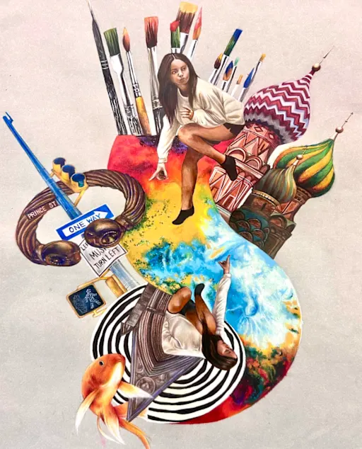 painting depicting girl along with landmarks, art supplies, and abstract shapes