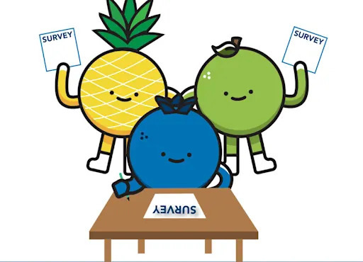 anthropomorphic fruit filling out surveys