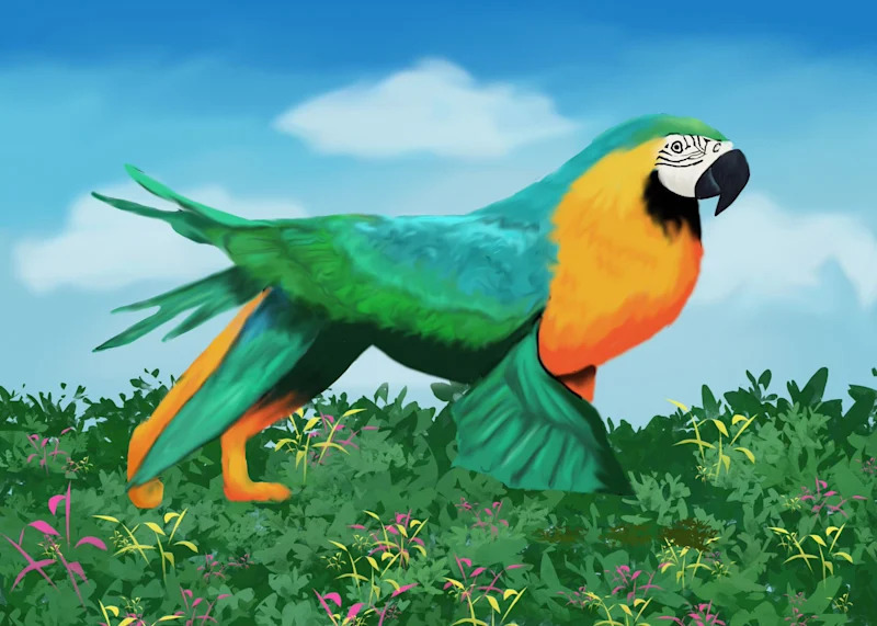 art piece depicting a gryphon with the head and green and yellow coloring of a parrot