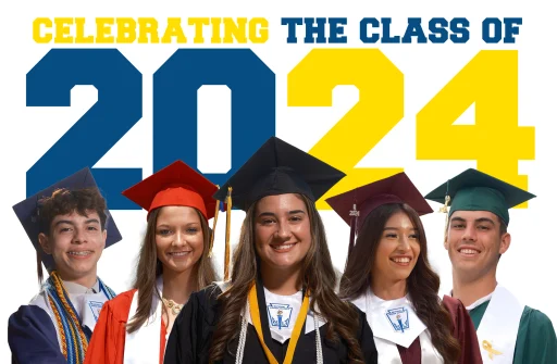 Students from each SBISD campus in full graduation cap and gown, behind them text reads "Celebrating the class of 2024"