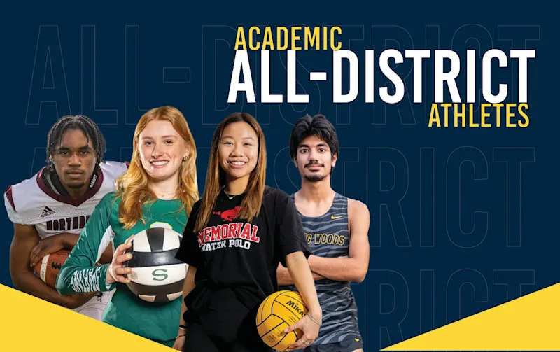 four athletes lined up next to text reading "Academic All-District Athletes"