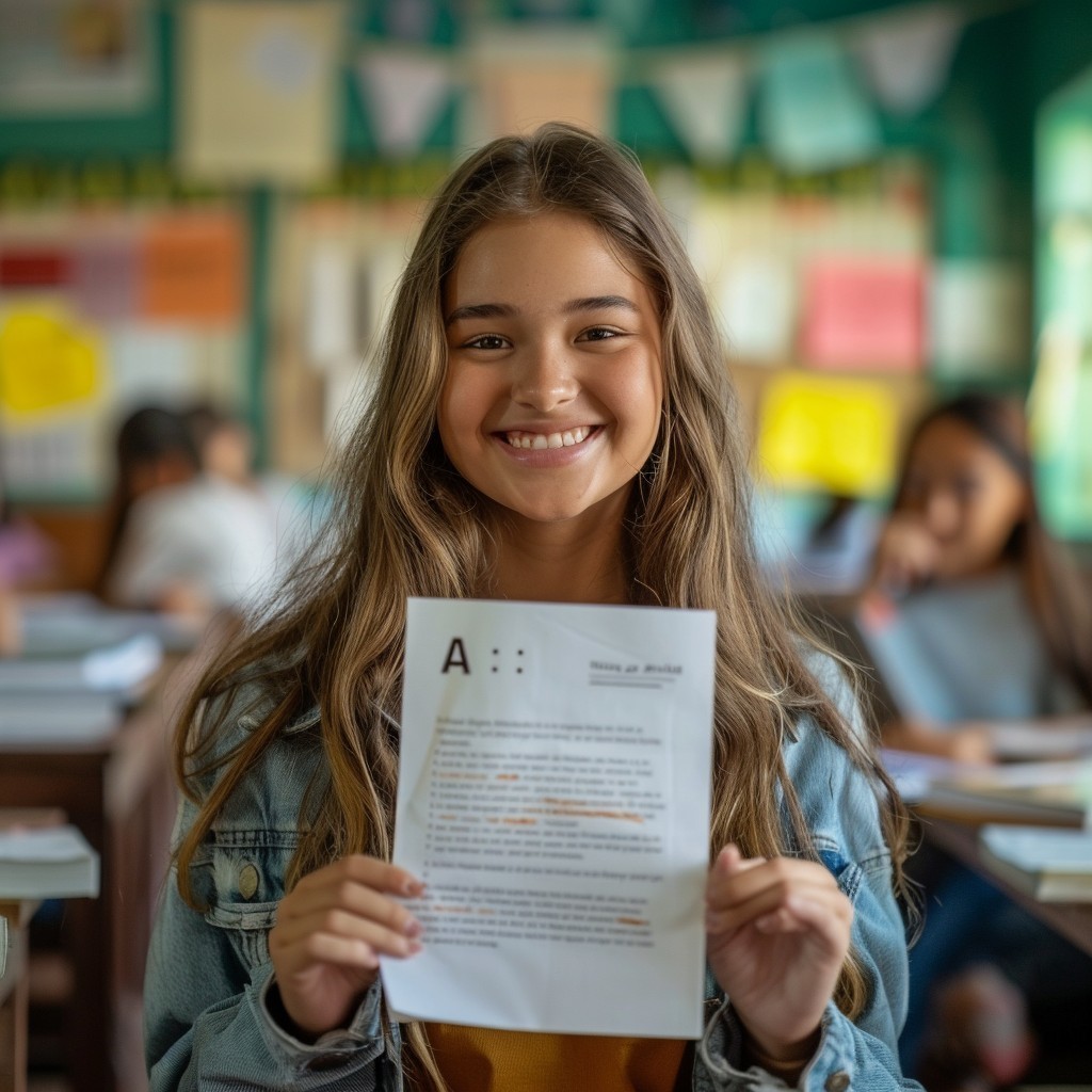 A smiling young girl in a classroom, holding up a white paper with an "A" and text.