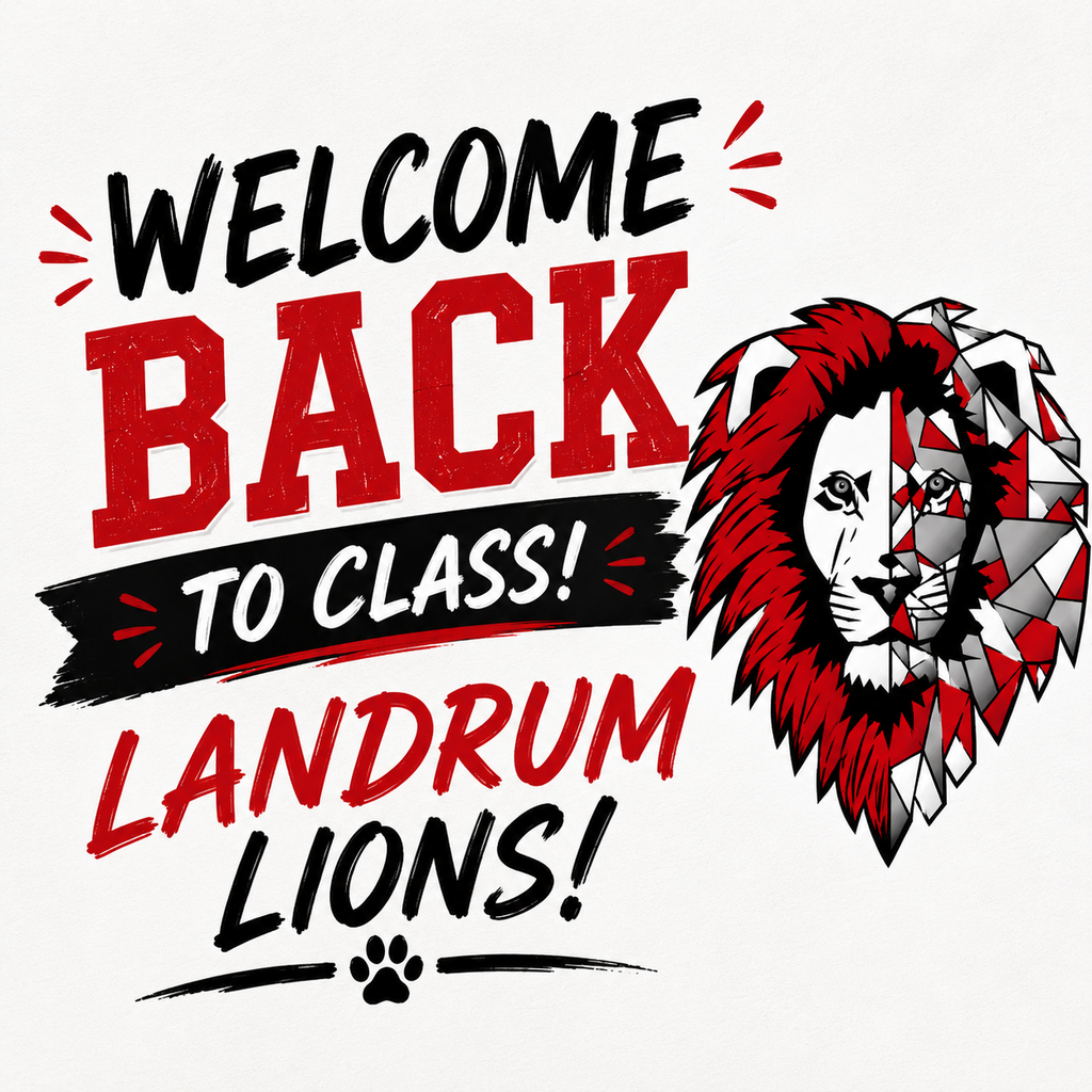 Red and black lettering invites students back to class. An illustrated lion head in red and white appears above the text.