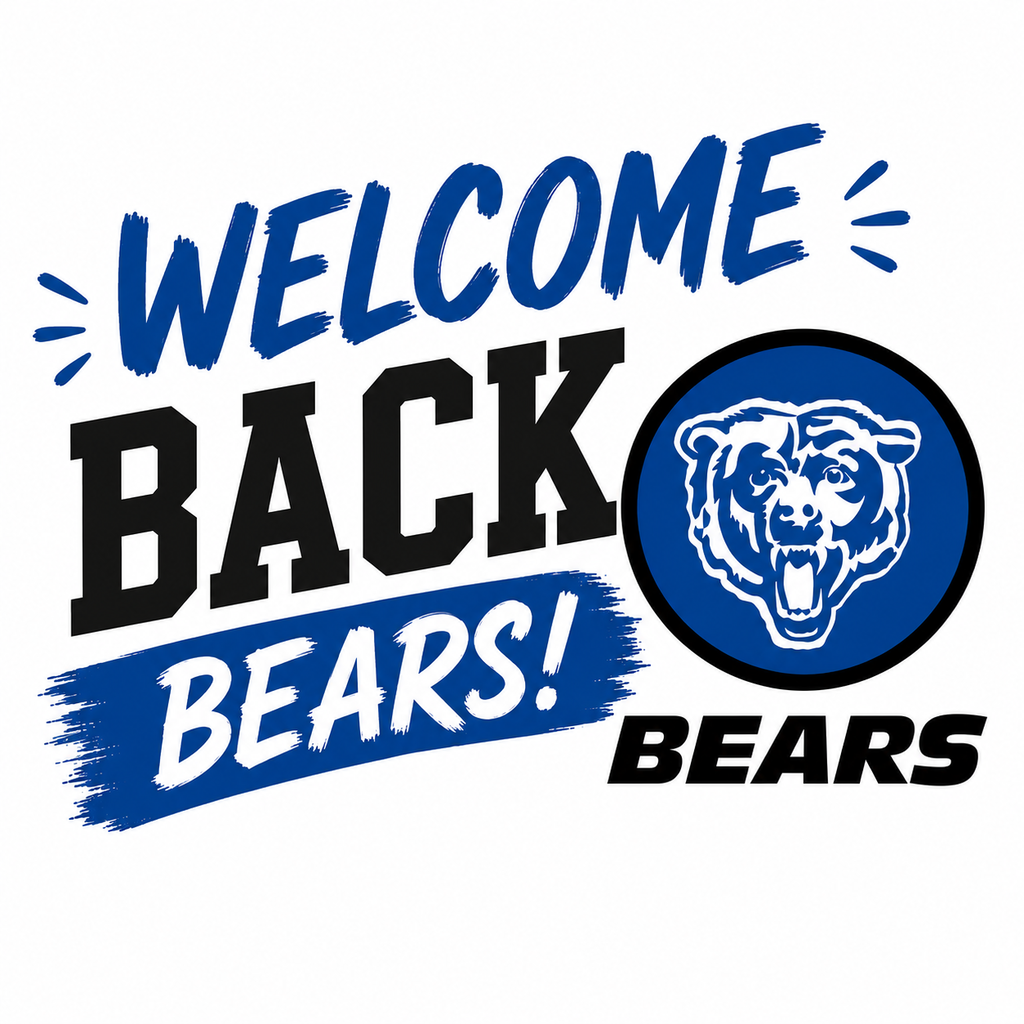 A blue and black logo with "Welcome Back Bears!" and a roaring bear in a blue circle.